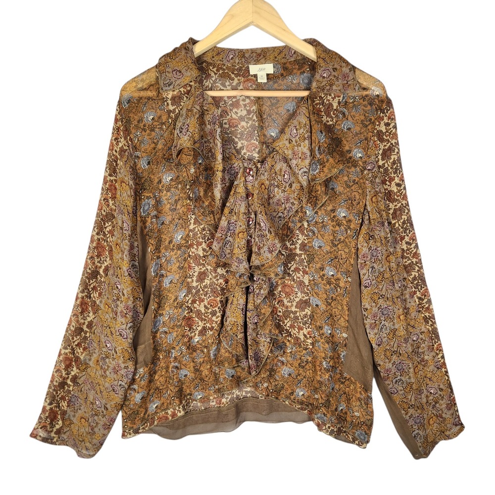 J. Jill Silk Blouse Medium Brown Floral Sheer Vintage 90s Y2K Cottagecore Boho